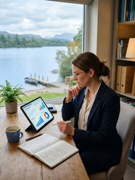 Woman working on tablet with scenic lake view from home office.