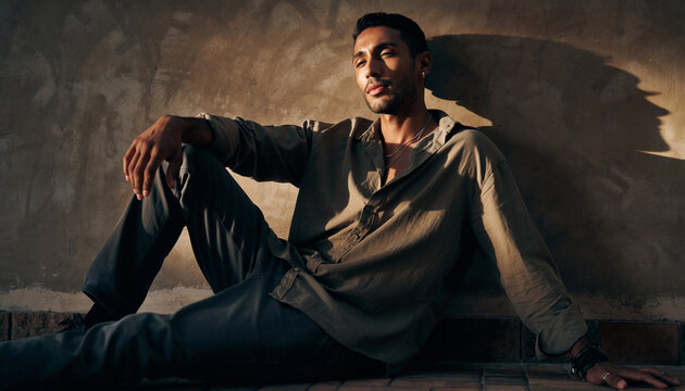 A young man with dark hair and a beard, dressed in casual clothing, is sitting on the floor against a textured wall with a contemplative expression.