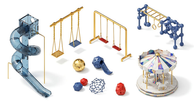Modern playground clipart set with blue spiral slide golden swing frames white carousel and jungle gym equipment for kids recreation design