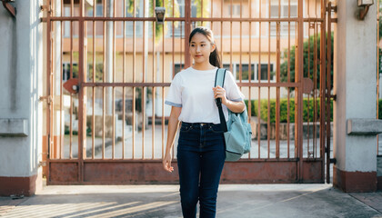 Fototapeta premium A young woman with long dark hair, wearing a white t-shirt and jeans, carrying a backpack, standing in front of a metal gate in an urban environment.