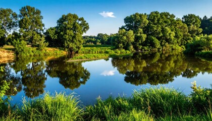 Fototapeta premium Serene river reflecting lush green trees and a clear blue sky, capturing tranquil natural beauty