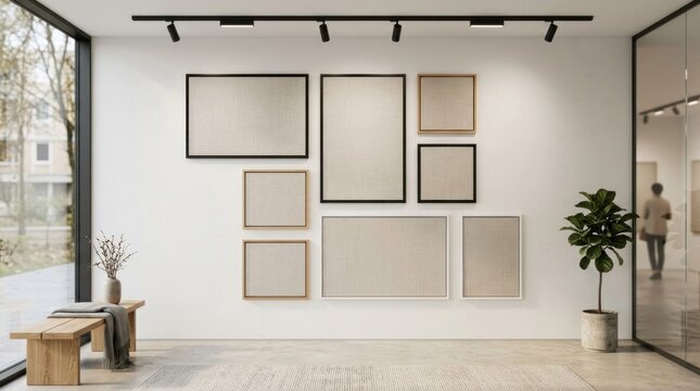 A minimalist gallery space with white walls, black frames, and a single potted plant, featuring a variety of framed art pieces.