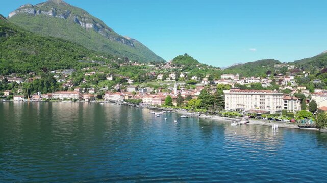 Aerial view of picturesque lakeside village Menaggio on Como lake in Italy during sunny summer morning.