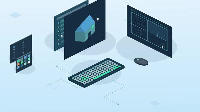 Dynamic animation of architectural blueprint designs with rotating elements and detailed sketches