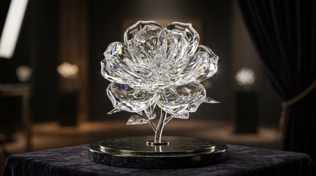 A crystal rose sculpture on a black marble base, with a dark, elegant setting and a blurred background.
