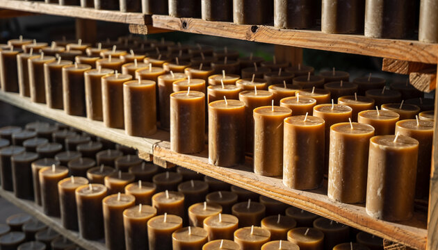 Multiple rows of brown candles are arranged on wooden shelves in a rustic setting, creating a warm and cozy atmosphere with a focus on candle display.