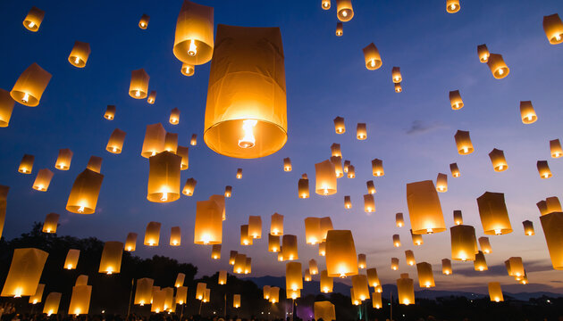 Numerous sky lanterns are floating upward during sunset, creating a warm glow against the darkening sky and distant landscape.
