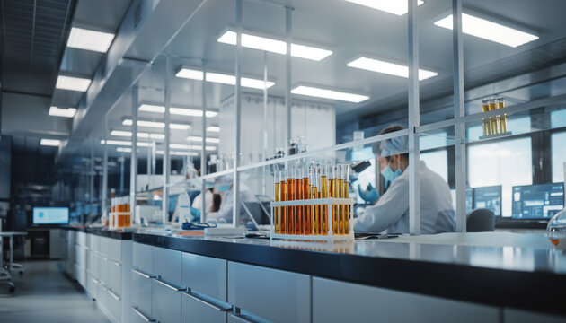 Scientists are conducting experiments in a modern laboratory with test tubes and lab equipment, wearing protective gear to ensure safety and precision in their research.