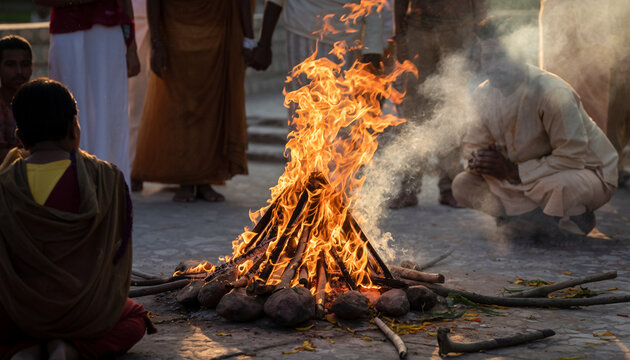 People gathered around a traditional bonfire, participating in a cultural or religious ceremony outdoors, with flames and smoke rising from the central fire.