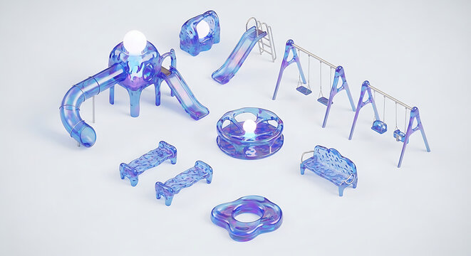 A playground collection of iridescent futuristic clipart with translucent holographic slides swings and benches in a modern 3D style