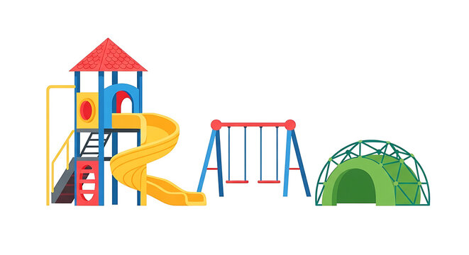 Colorful playground set featuring a yellow slide red swing and green dome in a flat clipart illustration for kids recreation