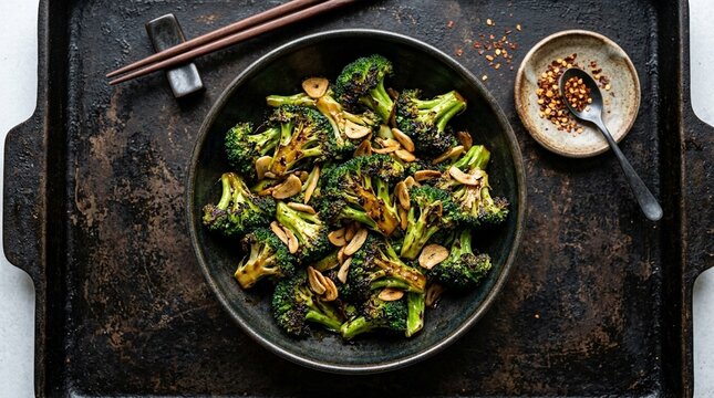 Wok hei broccoli charred glossy with garlic slivers | Chinese Food Stock Photo