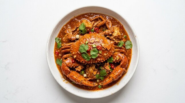 Chili crab glistening in thick red gravy with cracked shell fragments | Chinese Food Stock Photo