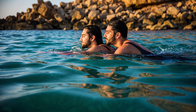 Two men swimming in clear blue water near a rocky shoreline during sunset, enjoying leisure time in an outdoor aquatic environment.