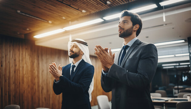 Two men in formal suits are standing in a modern conference room, clapping and paying attention, likely during a presentation or a formal event.