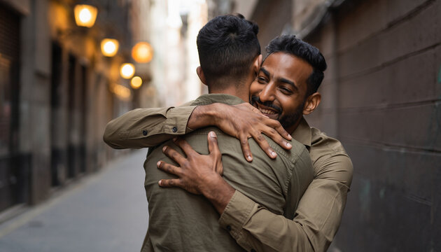 Two men are embracing warmly on a city street, smiling and sharing a heartfelt hug, with blurred streetlights and buildings in the background during a warm evening.