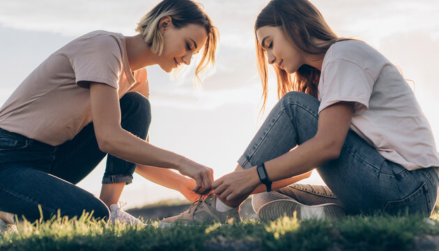 Two young women are sitting on the grass outdoors, engaging in a friendly activity, with a natural landscape and a bright sky in the background.