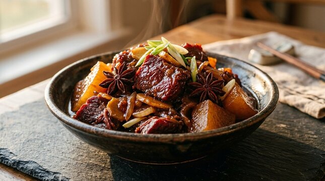 Ginger-braised beef brisket glossy dark red with daikon chunks and star anise | Chinese Food Stock Photo