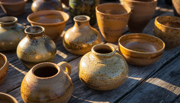 Various ceramic pots and bowls are displayed outdoors on a wooden surface, showcasing different shapes, sizes, and glazing techniques, illuminated by natural sunlight.
