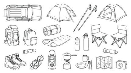 Camping equipment line art collection, outdoor adventure gear vector set, hiking and trekking icons with tent, backpack, and off-road vehicle © usman