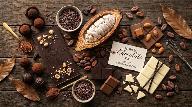 Assortment of Chocolate Delights and Cocoa Ingredients on Rustic Wood.