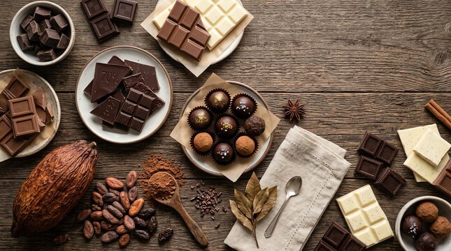 Assortment of Chocolates and Cocoa Ingredients on a Rustic Wooden Table.