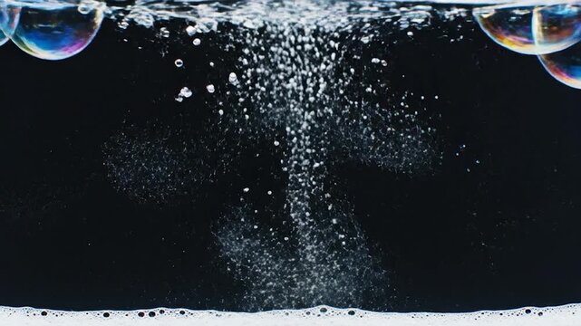Vibrant iridescent soap bubbles float on a dark background with foam