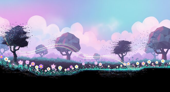 Dreamy Pastel Landscape with Silhouetted Trees and Blooming Wildflowers.