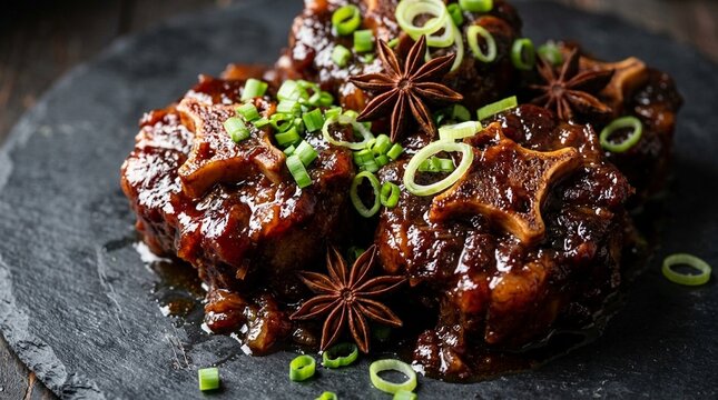 Slow-cooked oxtail glossy dark red with star anise pods and scallion garnish | Chinese Food Stock Photo