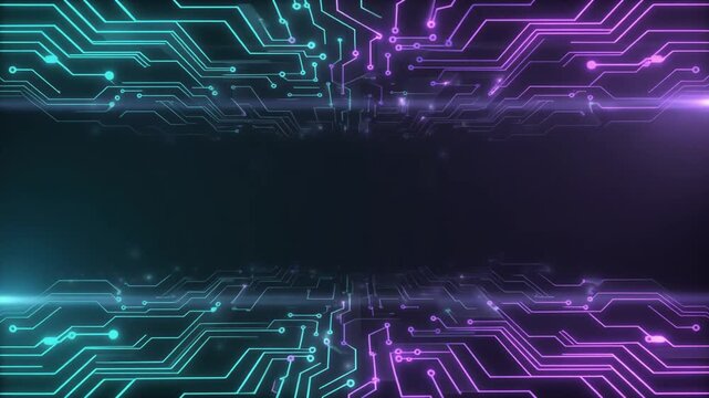 Digital circuit board design with neon blue and purple lights glowing in a dark technology background, close-up top view, futuristic concept