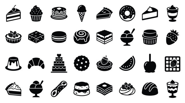 Vector set of 32 black dessert icons on white background featuring cake slices, cupcakes, donuts, ice cream, pastries, cookies, and fruit tarts in a minimalist silhouette style for web design.