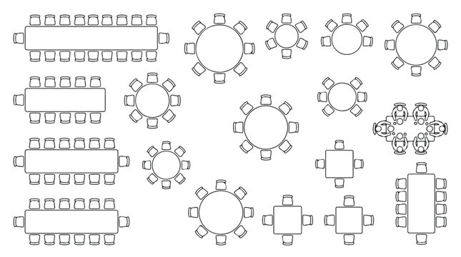 Conference table top view icons, office furniture floor plan symbols, meeting room seating arrangement vector set for interior design layouts