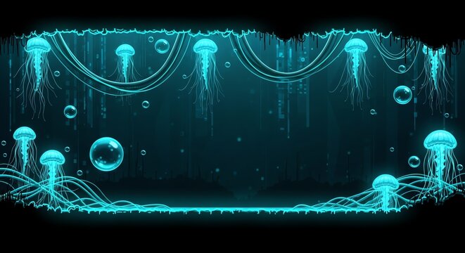 Luminous Blue Jellyfish Underwater Stage with Bubbles and Ethereal Lights.