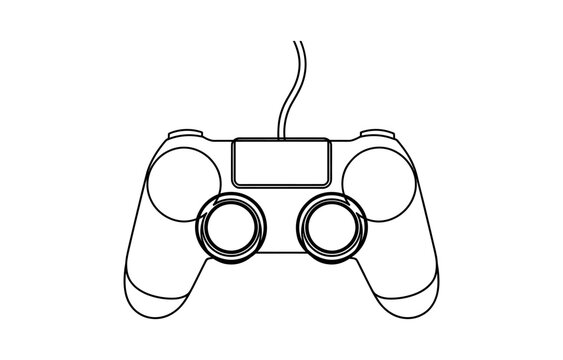 Black outline drawing of a video game controller with a cable