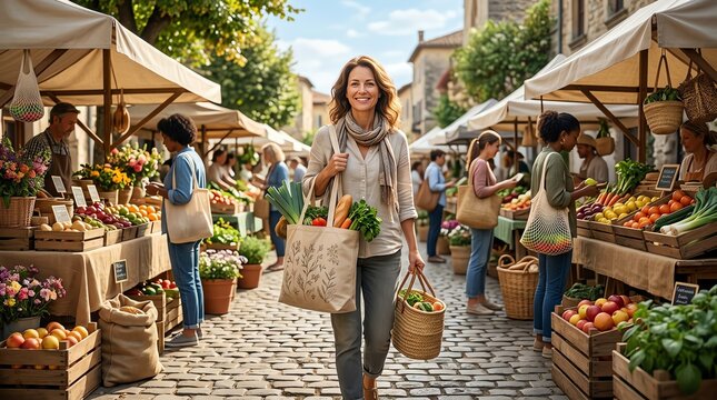 Smiling Woman Enjoying a Sunny Day at a Bustling Farmers Market.