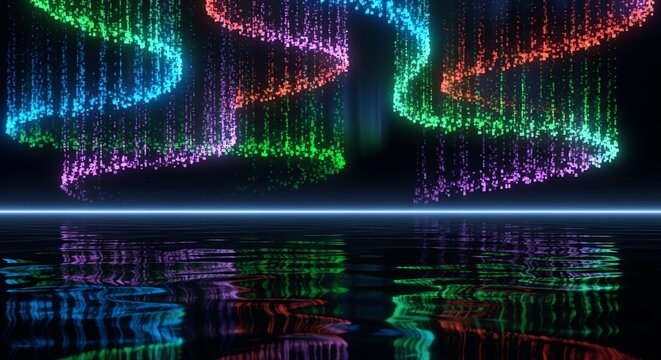 Vibrant Digital Aurora Light Show with Reflective Surface.