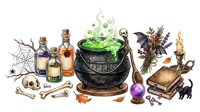 Witchcraft and magic potion brewing supplies isolated on white background
