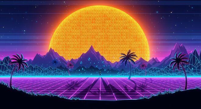 Vibrant Retrowave Landscape with Giant Grid Sun and Neon Horizon.