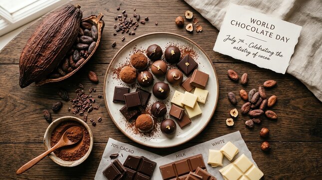World Chocolate Day Celebration with Assorted Chocolates and Cacao Ingredients.