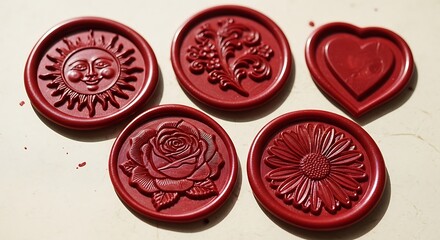 Fototapeta premium Set of decorative red wax seals with floral and celestial motifs, embossed