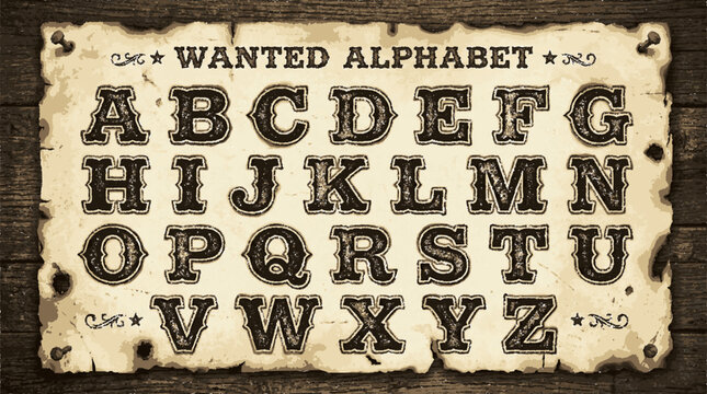 Vintage western wanted poster alphabet typography on aged paper background with displays complete western weathered paper document
