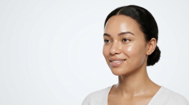 A woman with dark skin, wearing a white top, stands against a plain white background, with her hair tied back in a bun.