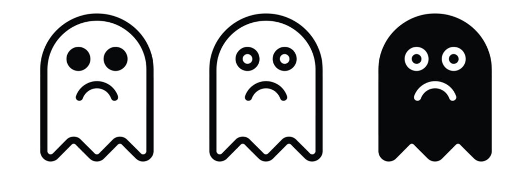Sad ghost icon set. Unhappy spooky phantom emoji symbol for Halloween holiday celebration, retro arcade game cute monster, disappointment feeling expression black and white vector illustration