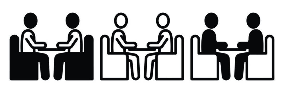 Two people sitting at table icon set. Business meeting or restaurant dinner date symbol for corporate teamwork discussion, cafeteria communication, black and white vector illustration