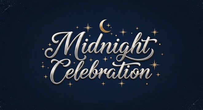 「ミッドナイトセレブレーション」と描かれたきらめく筆記体文字が深い紺碧の夜空に瞬く星々や繊細な三日月と共にロマンチックに輝く祝祭デザイン. AI Generated