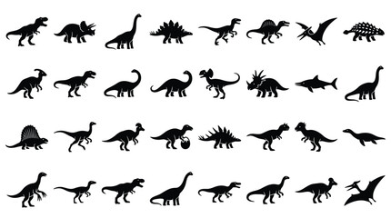 Comprehensive set of dinosaur silhouettes featuring T-Rex, Stegosaurus, and Pterodactyl. Minimalist black vector icons isolated on white for prehistoric themed graphic design. © Saida Nahdhoh