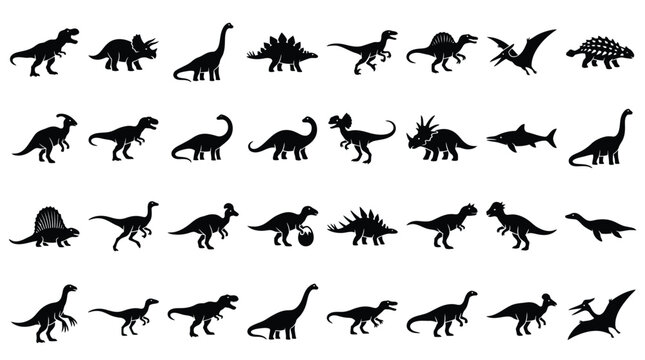 Comprehensive set of dinosaur silhouettes featuring T-Rex, Stegosaurus, and Pterodactyl. Minimalist black vector icons isolated on white for prehistoric themed graphic design.