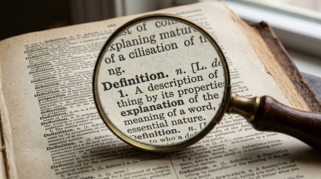 Antique magnifying glass over a dictionary entry on old paper