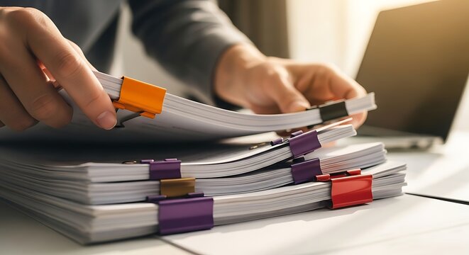 Business person organizing stacks of paperwork documents with metal binder clips