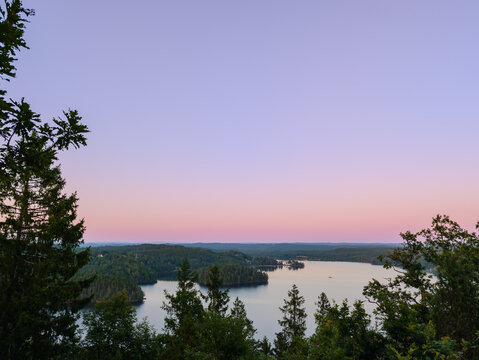Panoramic evening view over Stora H&aring;lsj&ouml;n from Liag&auml;rde viewpoint in V&auml;stra G&ouml;taland, Sweden
